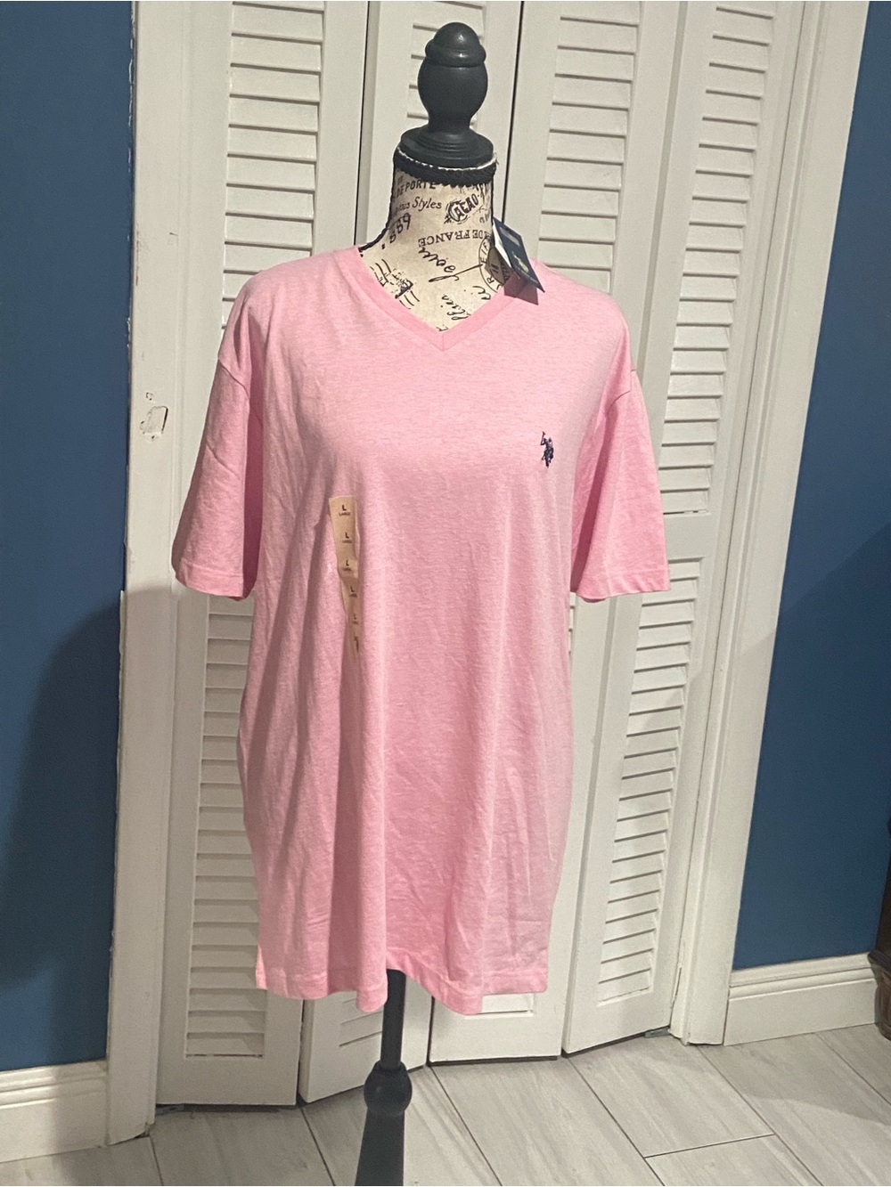 U.S. Polo Assn. Men's V‑Neck Short Sleeve Tee in Light Pink with Navy Logo
